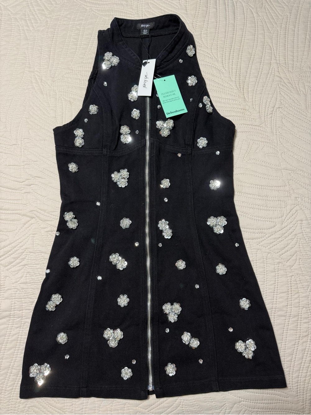 Nasty Gal Black Embellished Zip-Front Mini Denim Dress NWT - Picture 5 of 8